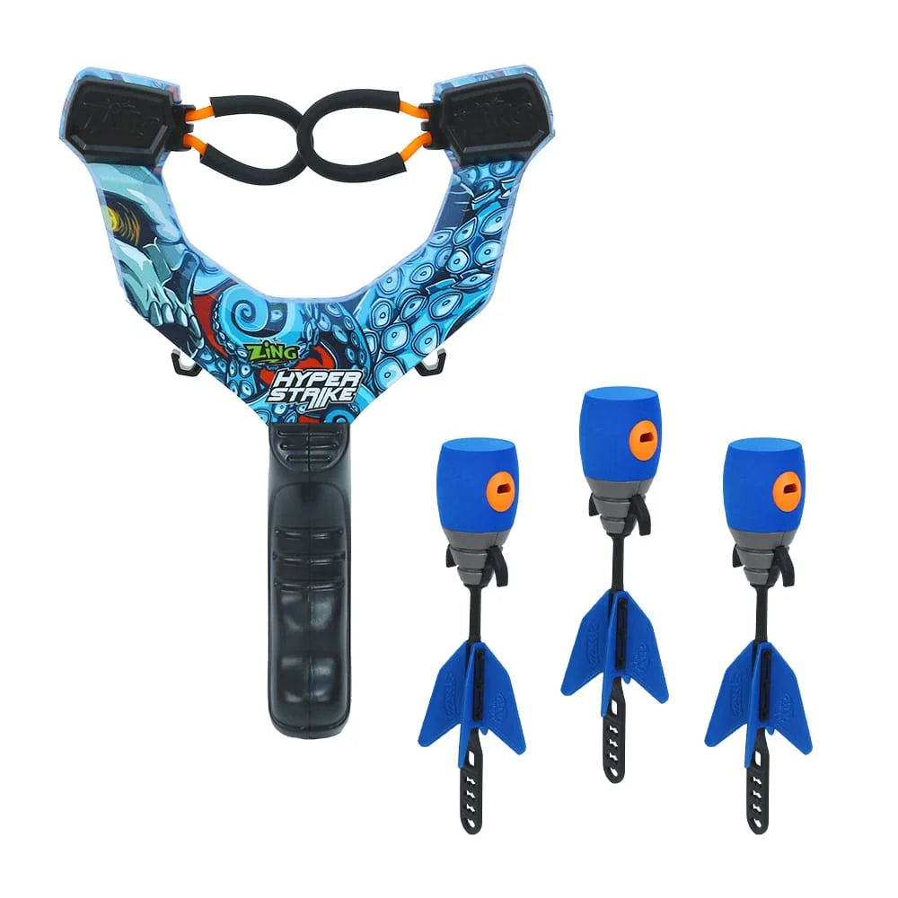 Blue slingshot with octopus design and three blue arrows on a white background