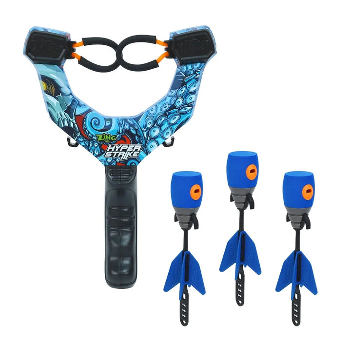 Blue slingshot with octopus design and three blue arrows on a white background