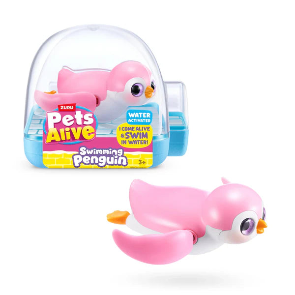 Pink penguin toy with water-activated feature on a white background