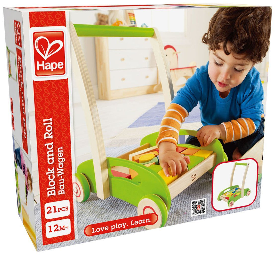 kidz-stuff-online - Wooden trolley with blocks - Hape Block and and roll